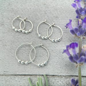 Sterling Silver Small Hoop Earrings with 3 Silver Ball Beads - Minimalist Everyday 24-7 Earrings