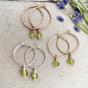 Green Peridot Charm Hoop Earrings. Available in Solid 925 Sterling Silver, 14k Yellow or Rose Gold Fill