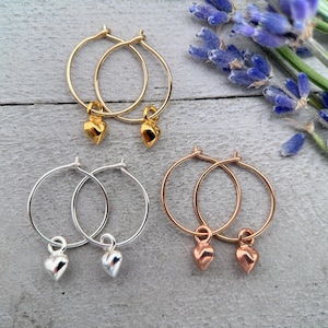 Heart Charm Earrings | Sterling Silver, Yellow, Rose Gold Hoops | Love Symbol Gift