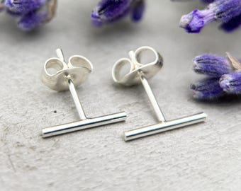 Silver T-Bar Stud Earrings - Solid 925 Sterling - Minimalist Dainty Line Post Jewelry Gift For Him or Her