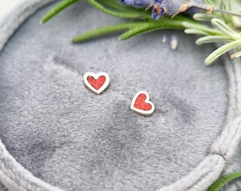 Tiny Red Coral Sterling Silver Heart Stud - Inlay Post Earrings