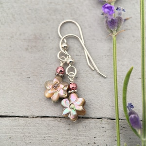 Petite Paua Abalone Flower Earrings | Handmade Sterling Silver Dangle Earrings with Hematite Accent