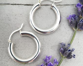 Sterling Silver Hoop Earrings 25mm - Thick Silver Filled Hoops, Bold Lightweight Hinged Hoop Earrings, Everyday Statement Earrings