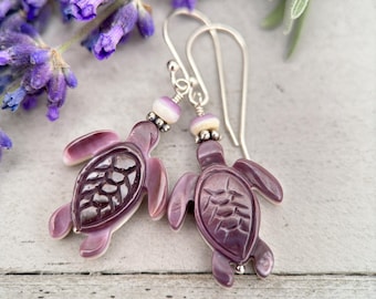 Purple and White Wampum Quahog Shell Sea Turtle and Sterling Silver Earrings