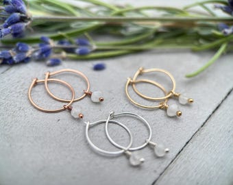Moonstone Earrings  - Minimalist Huggies Charm Hoops - Sterling Silver, Gold or Rose Gold - June Birthstone Gift