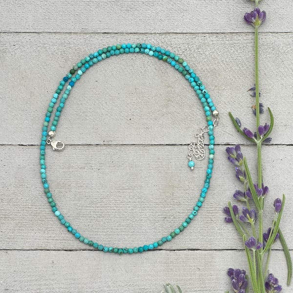 Collana di perline turchesi – Gemme sfaccettate blu-verdi da 2 mm con argento sterling – Realizzata a mano negli Stati Uniti