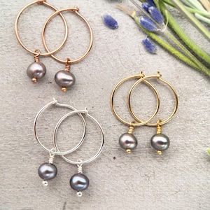 Peacock Freshwater Pearl Charm Hoop Earrings. Available in Solid 925 Sterling Silver, 14k Yellow or Rose Gold Fill