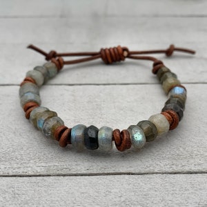 Faceted Labradorite Gemstone and Rustic Brown Leather Adjustable Stacking Bracelet