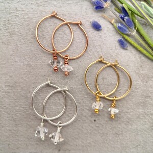 Herkimer Diamond Charm Hoop Earrings Available in Solid 925 Sterling Silver, 14k Yellow or Rose Gold Fill