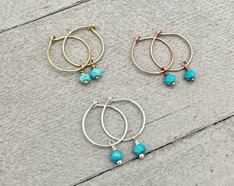 Turquoise Charm Hoop Earrings Available in Solid 925 Sterling Silver, 14k Yellow or Rose Gold Fill