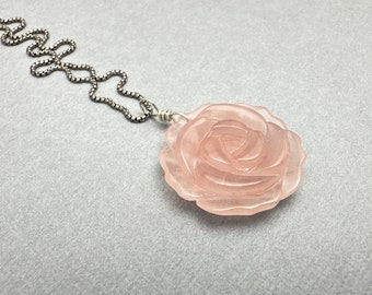 Carved Rose Quartz Flower and Sterling Silver Pendant Necklace