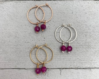 Ruby Charm Hoop Earrings. Available in Solid 925 Sterling Silver, 14k Yellow or Rose Gold Fill