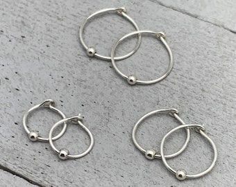 Sterling Silver Tiny Hoop Earrings with Silver Ball Bead