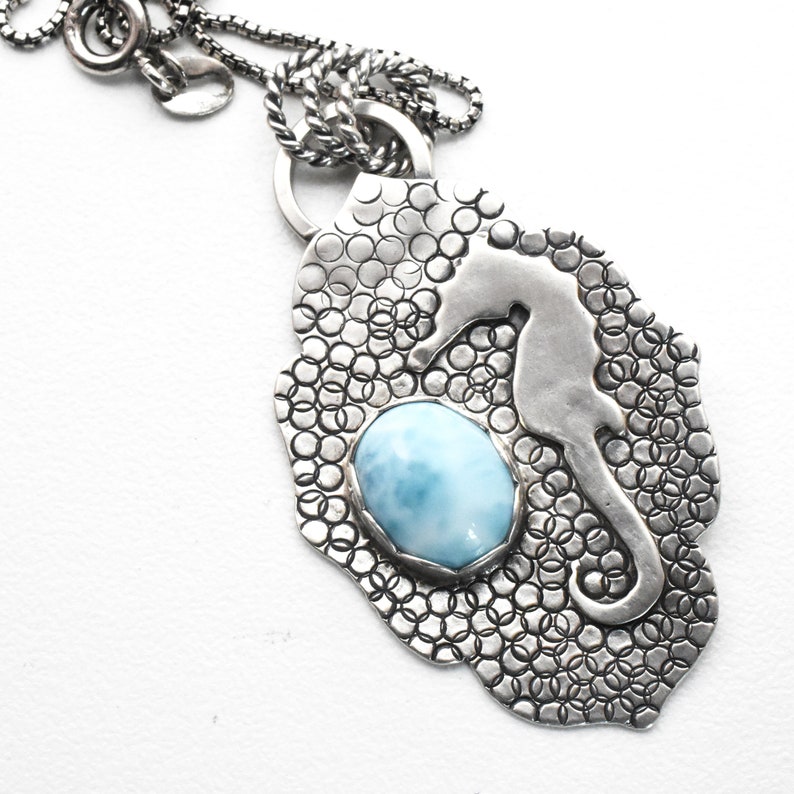 Hand Stamped Solid 925 Sterling Silver and Blue Larimar Necklace Larimar Seahorse Pendant Necklace Seahorse Necklace