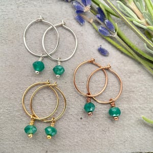 Emerald Green Onyx Charm Hoop Earrings. Available in Solid 925 Sterling Silver, 14k Yellow or Rose Gold Fill