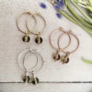 Smoky Quartz Charm Hoop Earrings. Available in Solid 925 Sterling Silver, 14k Yellow or Rose Gold Fill