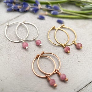 Pink Tourmaline Charm Hoop Earrings. Available in Solid 925 Sterling Silver, 14k Yellow or Rose Gold Fill