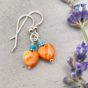 Petite Spiny Oyster and Turquoise Earrings – Orange Heart Shell Jewelry in 925 Silver -Turquoise Accents