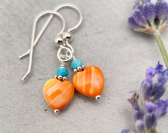 Petite Spiny Oyster and Turquoise Earrings – Orange Heart Shell Jewelry in 925 Silver -Turquoise Accents