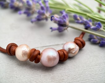 Edison Pearl Leather Necklace – Metallic Ming Baroque Pearl Necklace, Kasumi Style Pearls, Artisan Leather Jewelry