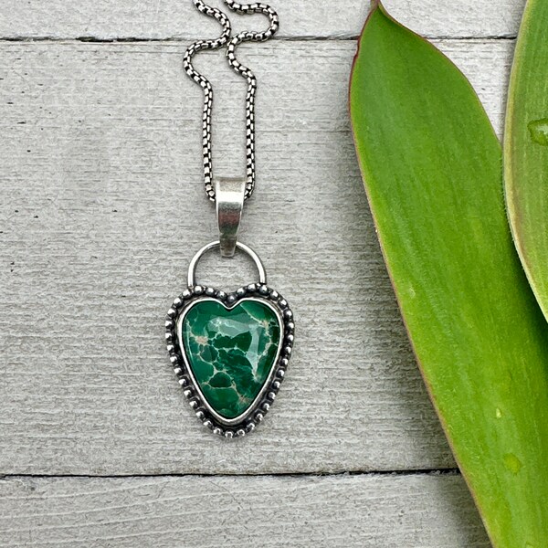 Broken Arrow Variscite Heart and Sterling Silver Pendant Necklace