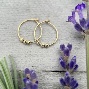 Small 14k Yellow Gold Fill Hoop Earrings with 3 Beads - Minimalist Everyday 24-7 Hoop Earrings