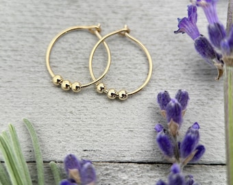 Gold Hoop Earrings with 3 Beads - 14k Yellow Minimalist Everyday 24-7 Hoop Earrings