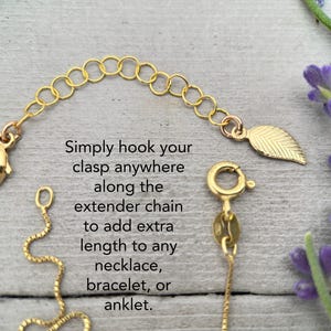 14k Yellow Gold Fill Necklace Extender with Feather/Leaf Charm - Custom Length 1–6 Inch - Perfect for Layered Necklaces, Bracelets & Anklets image 2