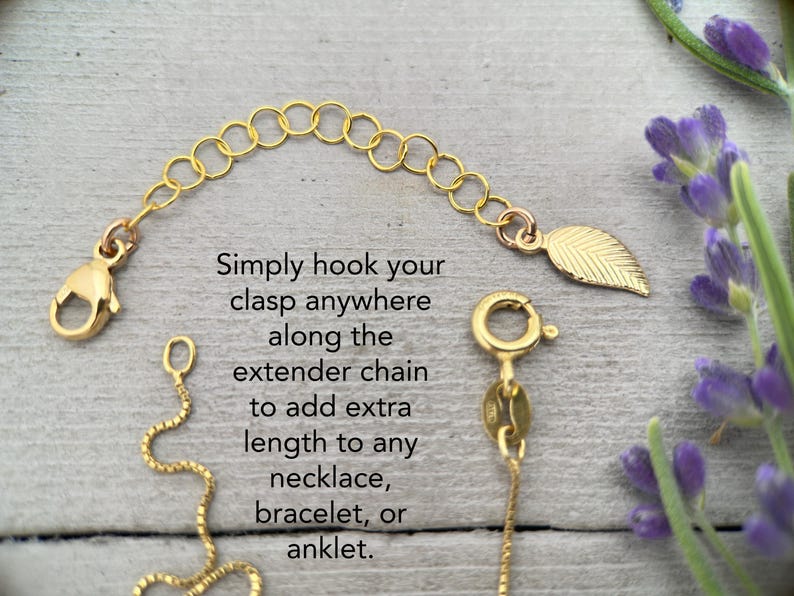 14k Yellow Gold Fill Necklace Extender with Feather/Leaf Charm - Custom Length 1–6 Inch - Perfect for Layered Necklaces, Bracelets & Anklets image 2