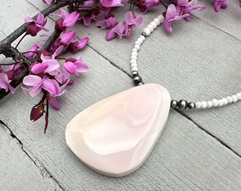 Pink Queen Conch Shell, Navajo Pearl, and Solid 925 Sterling Silver Necklace