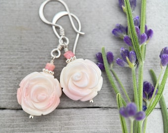 Queen Conch Shell Flower Earrings | Light Blush Pink Rose Earrings | Solid 925 Sterling Silver | Tropical Beach Jewelry