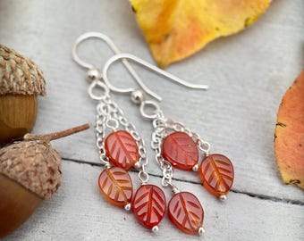 Orange Red Carnelian and Sterling Silver Earrings – Fall Leaves Earrings - Autumn Leaf Tassel Jewelry