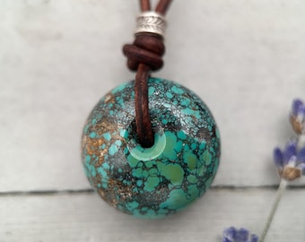 Natural Green Turquoise Donut Necklace on Rustic Leather – December Birthstone - For Him or Her