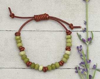 Green Jade Bracelet | Handmade Adjustable Brown Leather Jewelry | Gift for Him or Her