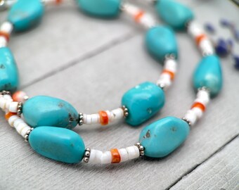 Nacozari Turquoise, Spiny Oyster, and Sterling Silver Necklace