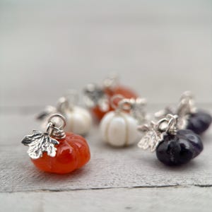 Gemstone Tiny Pumpkin and Sterling Silver Leaf Pendant - Carnelian, Amethyst, or White Opal - Fall Autumn Halloween Jewelry