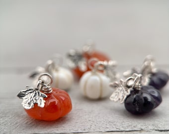 Gemstone Tiny Pumpkin and Sterling Silver Leaf Pendant - Carnelian, Amethyst, or White Opal - Fall Autumn Halloween Jewelry