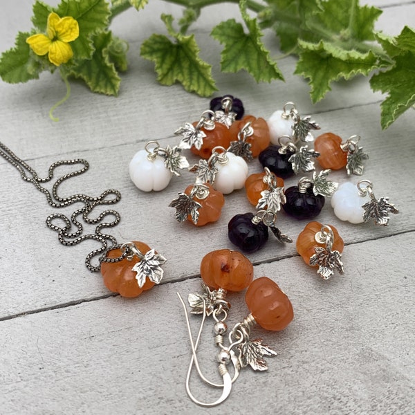 Gemstone Pumpkin Sterling Silver Necklace. Carnelian, Amethyst or Ghostly White Opal