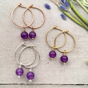 Amethyst Charm Hoop Earrings. Available in Solid 925 Sterling Silver, 14k Yellow or Rose Gold Fill