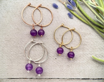 Purple Amethyst Earrings | Silver, Yellow or Rose Gold | Charm Hoops February Birthstone