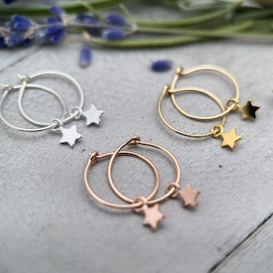 Star Charm Hoop Earrings Available in Solid 925 Sterling Silver, 14k Yellow or Rose Gold Fill
