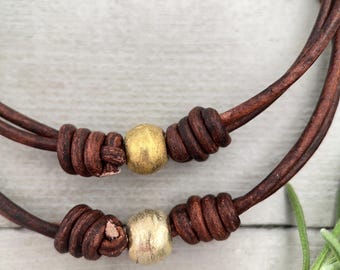 Gold or Silver Bead Leather Anklet - Rustic Brown or Black Adjustable Size Bracelet