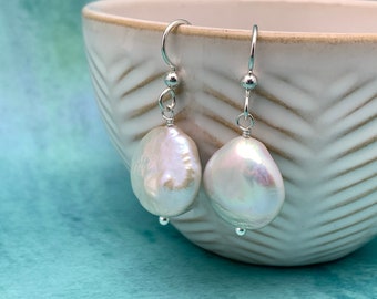 Gorgeous Keshi Coin Pearl and solid 925 Sterling Silver Earrings. Large, Thick, Lustrous Nacre and Orient