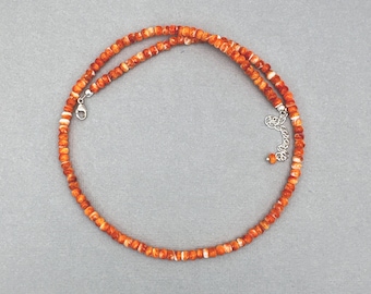 Orange Red Spiny Oyster and Solid 925 Sterling Silver. Southwest Style Necklace with Extender