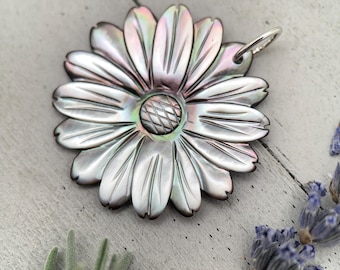 Black Lip Oyster Shell Flower Pendant, Sterling Silver Daisy Pendant, Hand Carved Shell Necklace Pendant, Coastal Jewelry
