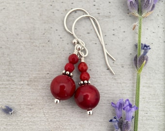Red Coral and Sterling Silver Earrings - Bold Crimson Red Dangle Earrings