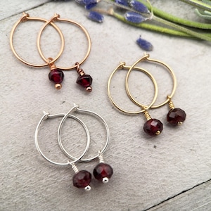 Garnet Charm Hoop Earrings. Available in Solid 925 Sterling Silver, 14k Yellow or Rose Gold Fill