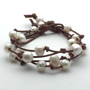 Multistrand Leather Pearl Bracelet. Rustic Brown Leather, White Freshwater Pearls, Lotus Flower Charm Yoga Jewelry, Wrap Bracelet