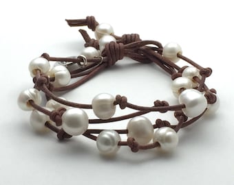 Pearl Bracelet | Rustic Brown Leather Multi-strand Wrap Jewelry