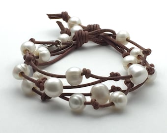 Multistrand Leather Pearl Bracelet. Rustic Brown Leather, White Freshwater Pearls, Lotus Flower Charm Yoga Jewelry, Wrap Bracelet